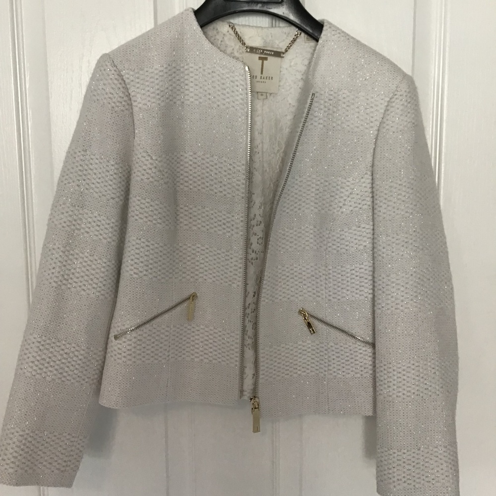 Ted Baker London size 0 white jacket with gold zippers